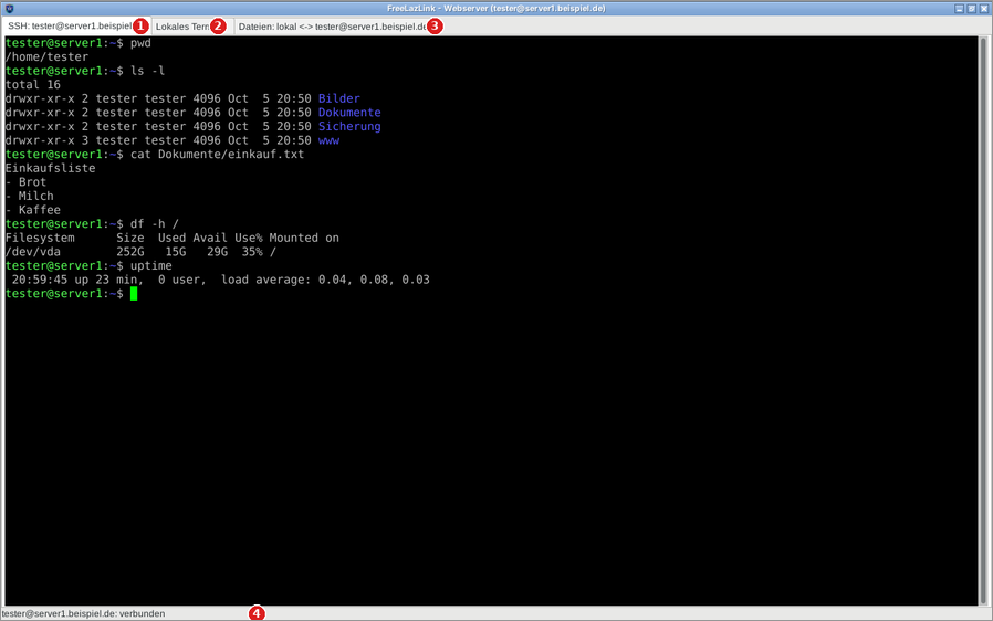 SSH-Terminal mit Farben, Maus und Rückblick.
